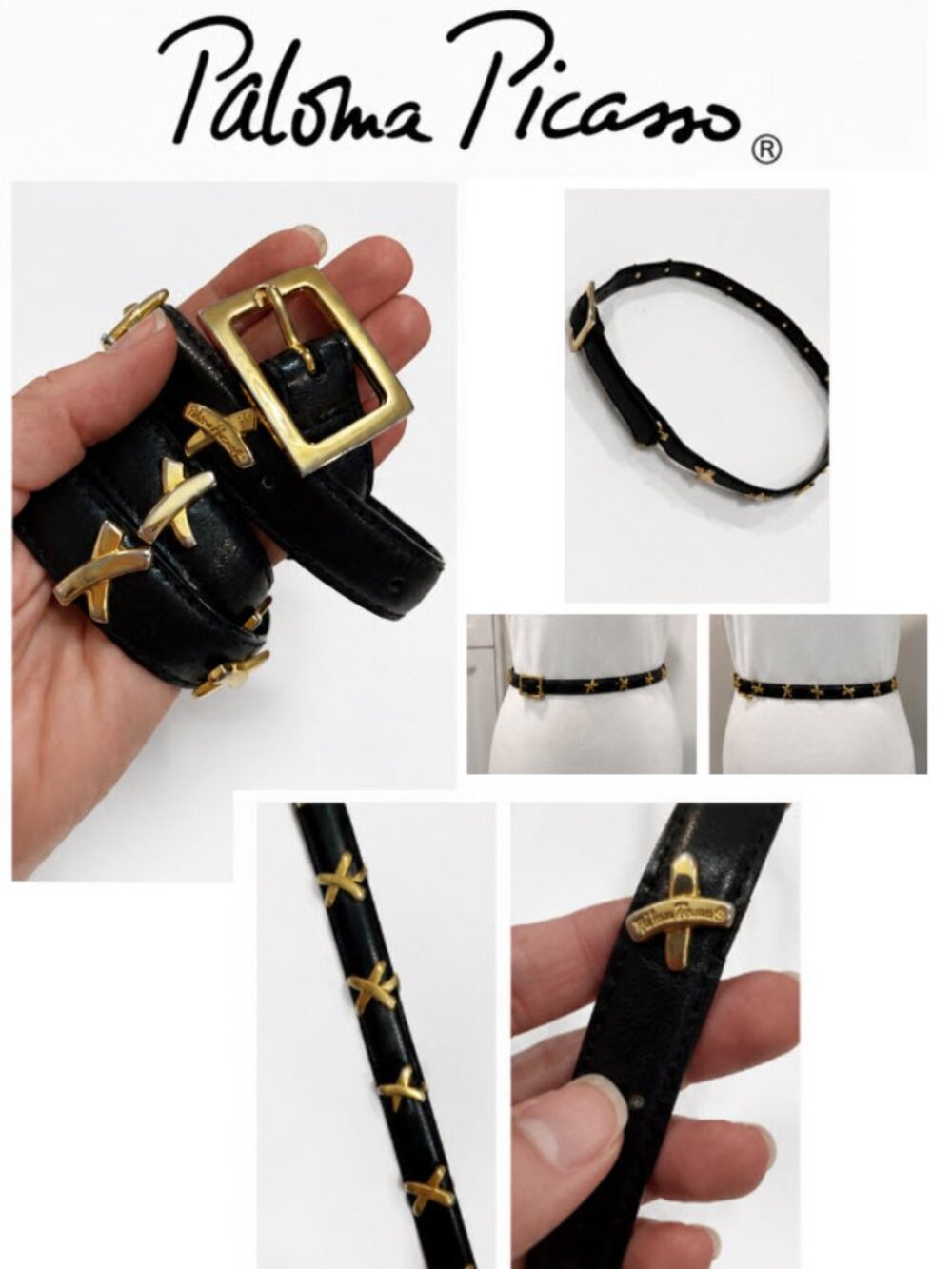Paloma Picasso Black Leather Belt Gold X Hardware Vintage Italy Chic Designer